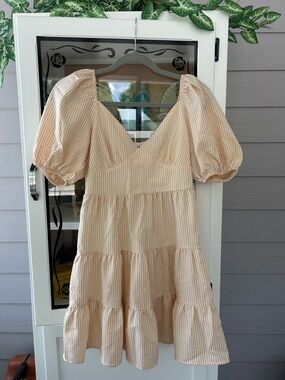 Speechless Peach-Striped Puff Sleeve Tiered Mini Dress